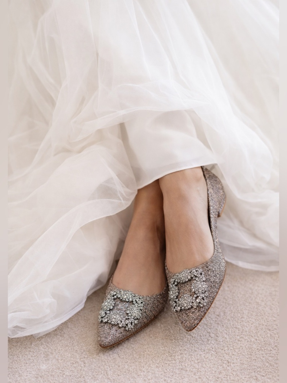 Manolo Blahnik Hangisi Flat Glitter Crystal Buckle Bronze Silver Flats 38.5 8.5